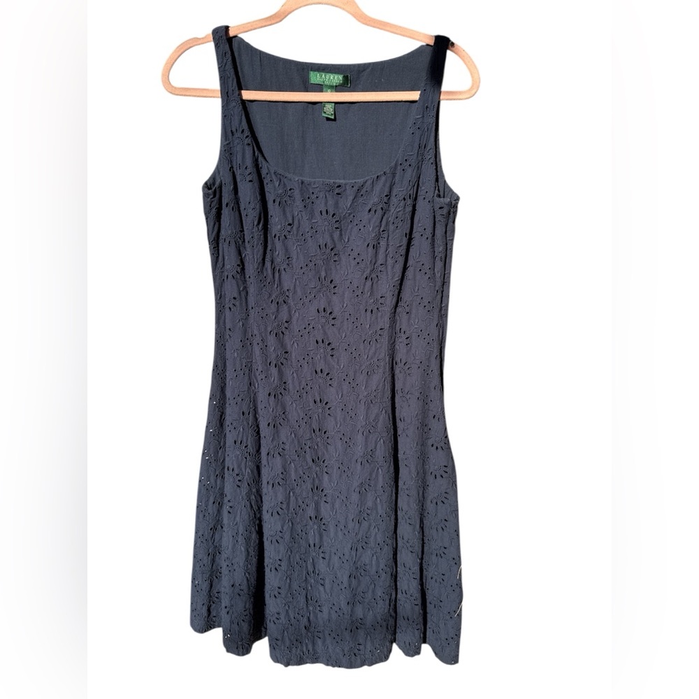 Lauren Ralph Lauren Navy Blue Eyelet Fit Flare Dress Size 10